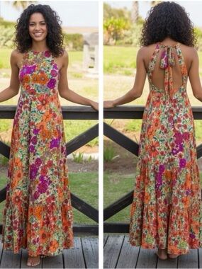 Natural Life floral halter tiered dress, size M